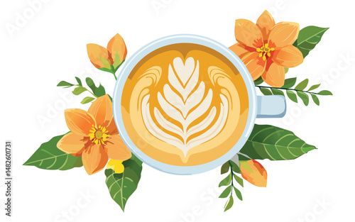 coffe latte with flower decoration - vector illustration