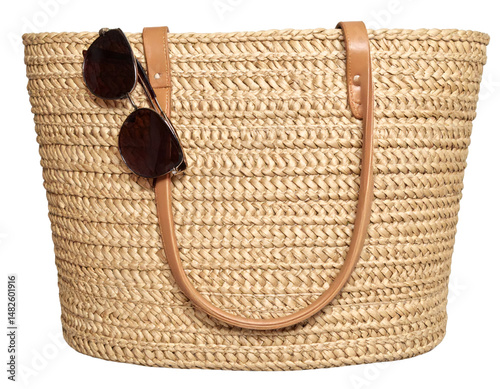 Woven beach bag with sunglasses on transparent background