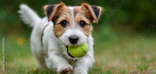 Cute Puppy Runs Joyfully With a Green Tennis Ball in the Backyard During a Su...