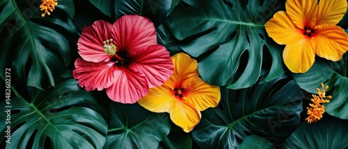 Vibrant tropical foliage with colorful hibiscus and monstera leaves