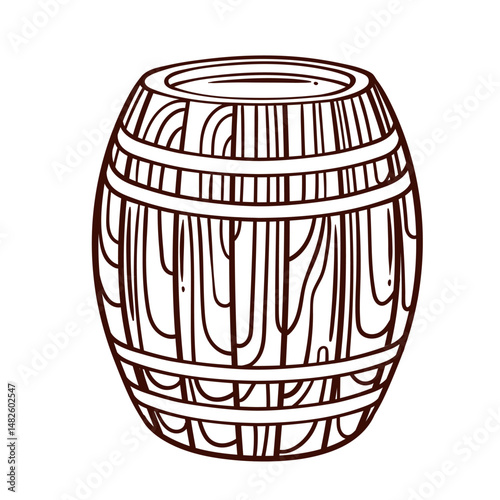 Wooden barrel line icon. Outline hand drawn vintage rustic container with circles and wood planks, cask of beer or wine, whiskey. Cellar, fest mascot, one barrel icon vector illustration