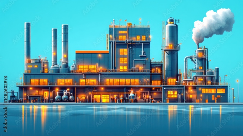 Obraz premium Night View of an Industrial Complex by the Water