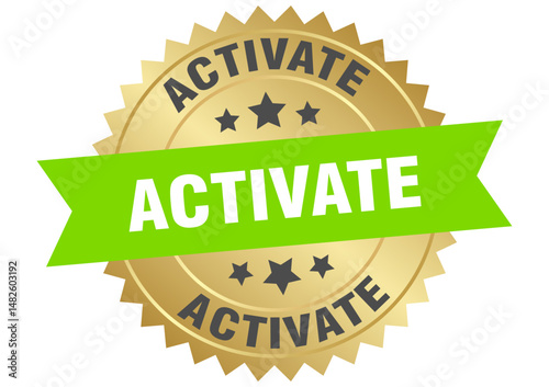 activate. activate round green and gold label isolated on transparent background