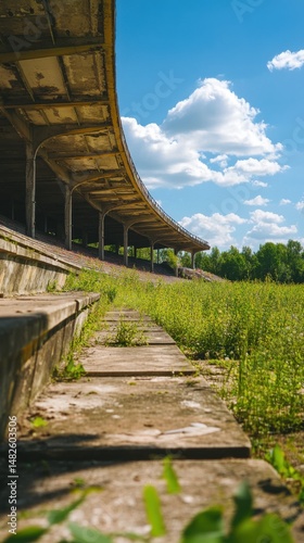 Overgrown stadium reveals nature's reclaiming of abandoned sports venue in bright daylight