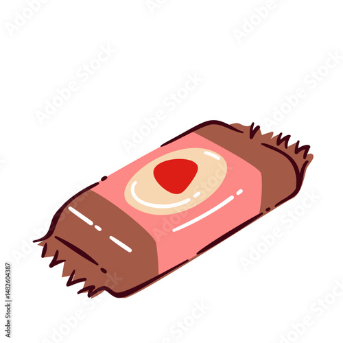 Candy in pink and brown wrapper with red dot, sweet snack for kids, parties, or gifts. Cartoon doodle style for food, dessert, or confectionery design. Vector illustration of sweets