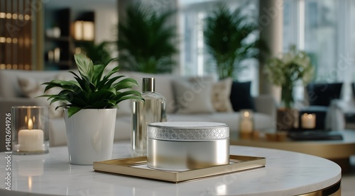 Elegant Home Decor With Scented Candle and Decorative Plant in Bright Living ...