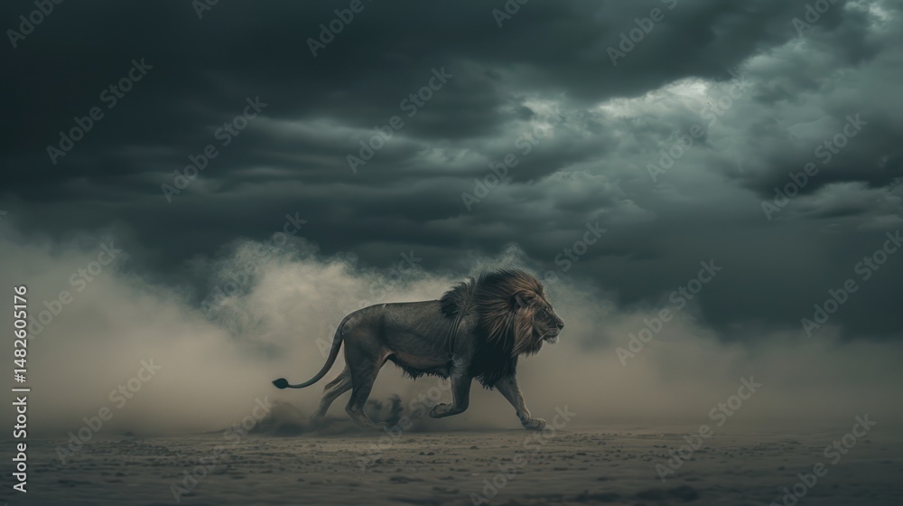 Majestic lion strides across a dusty savanna under a stormy sky. Majestic lion strides across a dusty savanna under a stormy sky.