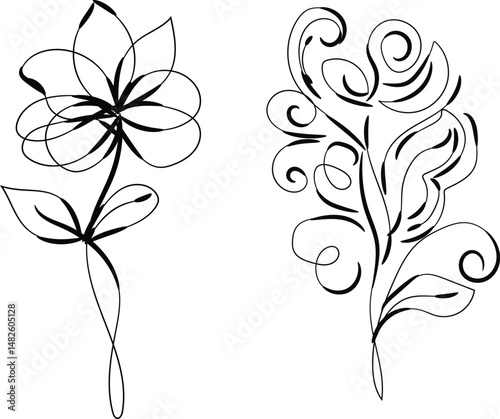 Wallpaper Mural Elegant Black Line Art Floral Designs Two Simple Flower Illustrations Torontodigital.ca