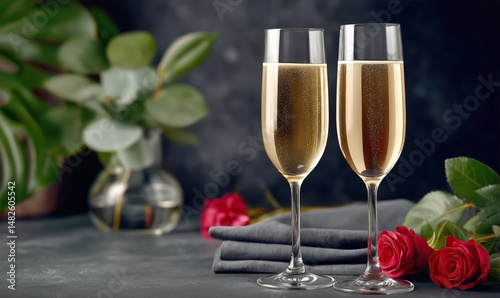 Celebratory Toast With Sparkling Drinks and Rose on a Table Surrounded by Gre...