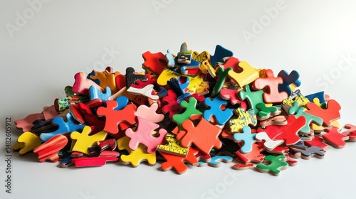 A colorful pile of jumbled puzzle pieces against a plain background.