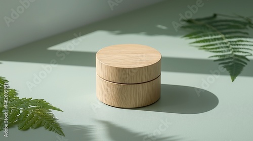 Wooden cosmetic jar, minimalist aesthetic, natural light, greenery