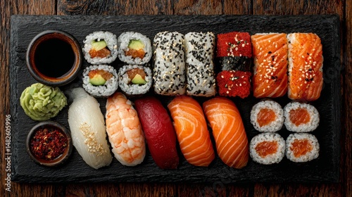Bento grande para compartir, bandeja de sushi y pescados de temporada bandeja grande, agucate salmon flores comestibles y verduras frescas, comida tipica japonesa