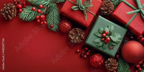 Red and Black Wrapped Gifts Surrounded by Green Leaves on a Rich Background