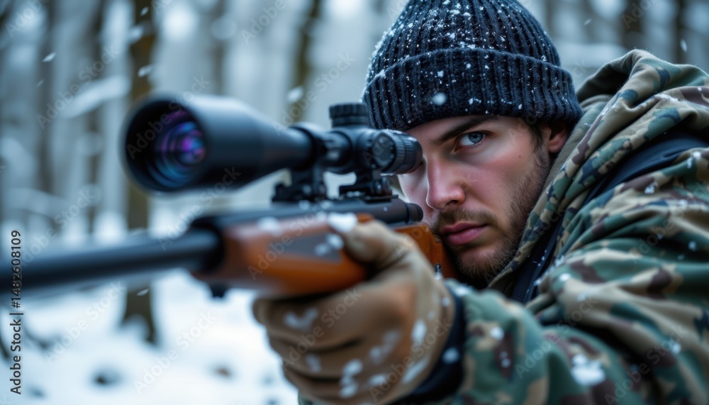 Fototapeta premium Winter hunting action sniper focus in snowy forest environment intense close-up perspective