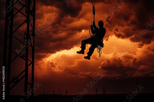 Technician Climbing Tower Against Dramatic Sunset Sky with Clouds
