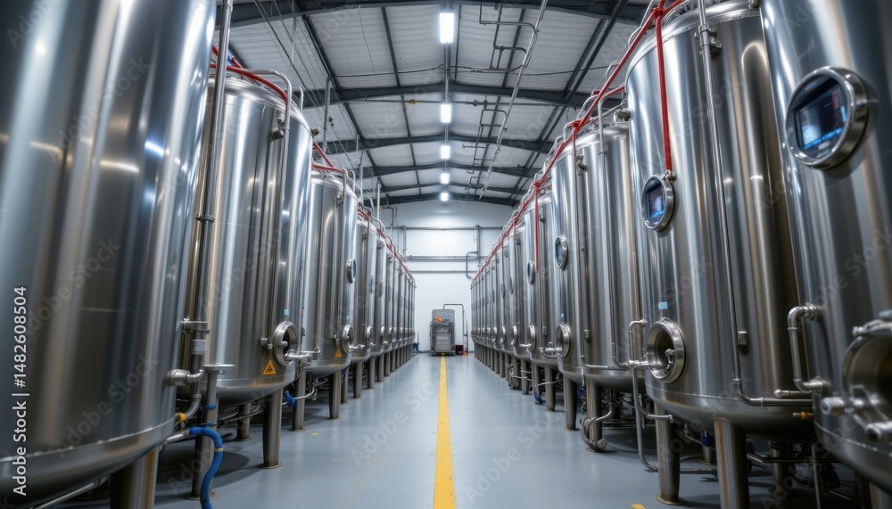 Obraz premium Industrial brewing process brewery facility interior view stainless steel tanks modern environment production concept