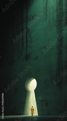 Person in yellow coat facing large keyhole shaped opening in dark green wall, symbolizing opportunity, new beginnings, or finding a solution