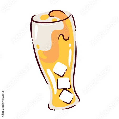Lemonade glass with yellow drink and ice cubes, curved shape, cartoon doodle style. Refreshing beverage for fast food, summer menu, or snack bar design. Vector illustration