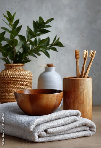 Wooden Bowl and Toothbrush Holder With Towels and Greenery in a Minimalist Ba...