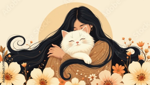 Emotional connection woman and cat floral background digital art warm tones bonding moment photo