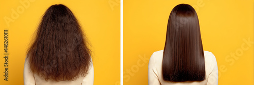 Before and after hair treatment comparison showing transformation from frizzy dry to smooth shiny dark brown straight hair on attractive woman's back view