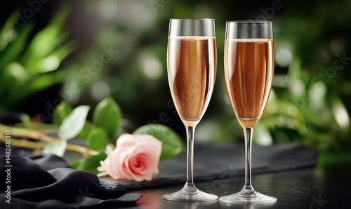Celebratory Toast With Sparkling Drinks and Rose on a Table Surrounded by Gre...