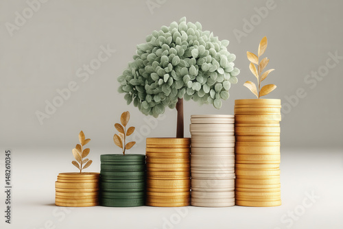 Majestic tree emerging from a stack of coins symbolizing sustainable investing and financial growth in a high-quality scene