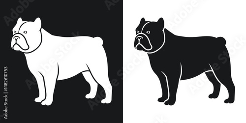 Silhouette illustration of a bulldog in opposing black and white color schemes standing proudly