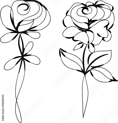 Wallpaper Mural Elegant Line Art Rose Drawings Two Floral Designs Black Ink Torontodigital.ca