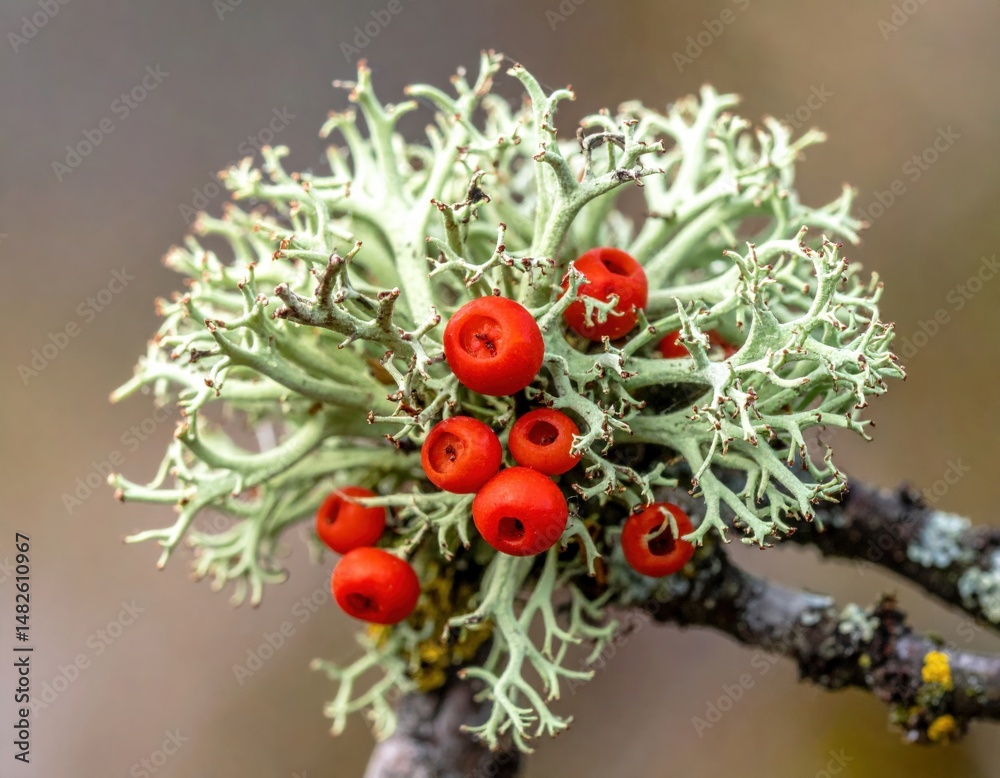 Obraz premium Closeup Of Lichen With Red Berries On Branch