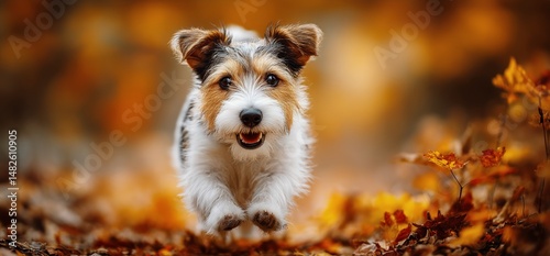 Happy Dog Runs Through Colorful Autumn Leaves in a Joyful Outdoor Adventure