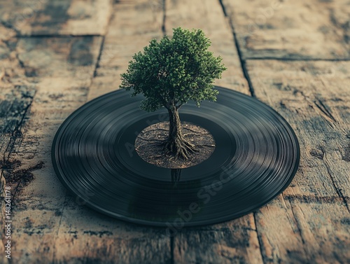Overhead view of a single tree in circular stone paving with natural surroundings