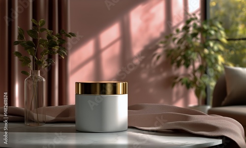 Elegant Display of a Cream Jar and Greenery in Soft Light by a Window on a Ma...