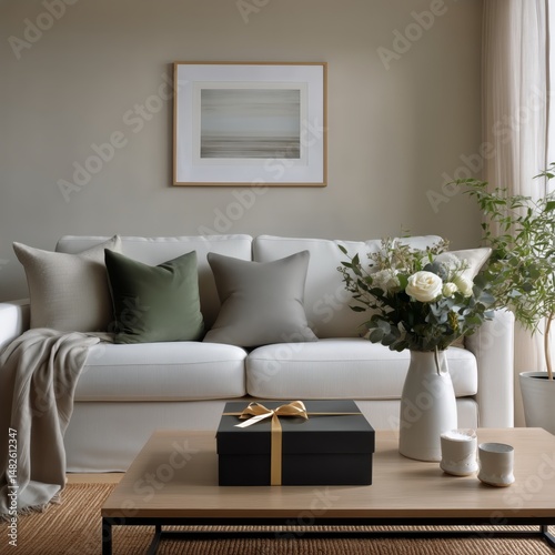 Modern Living Room With Cozy Couch, Coffee Table, and Indoor Plants in Bright...