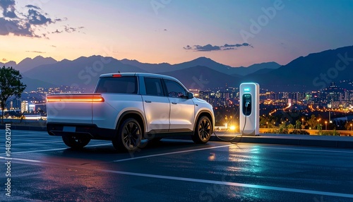 Electric pickup truck parked at charge station