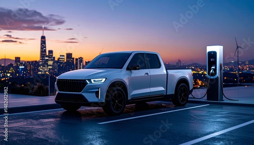 Electric pickup truck parked at charge station