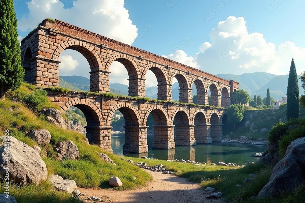 Obraz premium Ruins of a Roman aqueduct, showcasing ancient Roman architecture and engineering , stonework, ancient rome