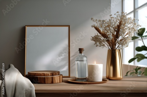 Elegant Home Decor Display Featuring a Candle, a Vase of Dried Flowers, and a...