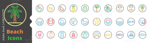 Beach Icons Linear Collection, ocean, jellyfish, palm, swimsuit, surf, scuba diving, Pixel Perfect Design Icon Line Color Pictogram Collection Vector illustration
