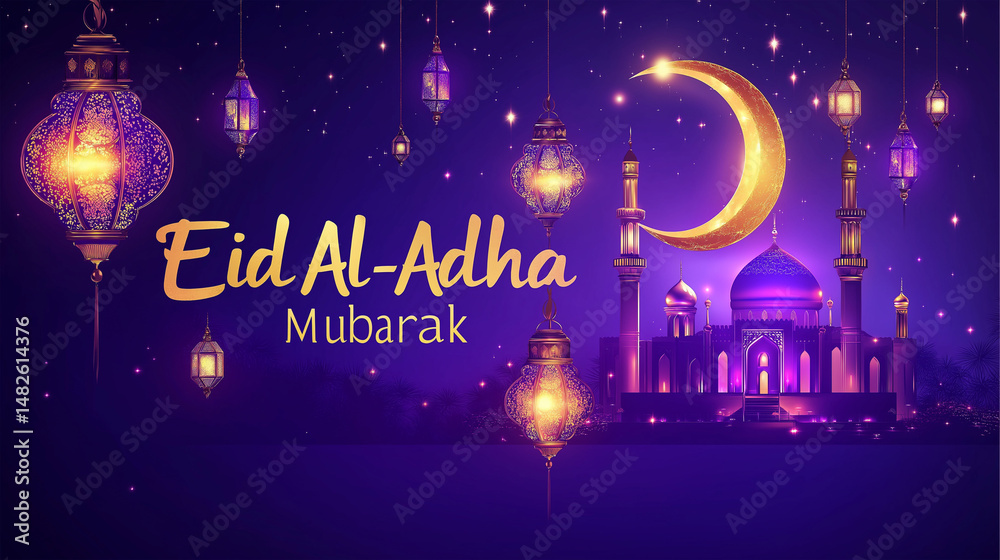 Naklejka premium Eid al Adha and Islamic mosque silhouette with a Muslim ornamental hanging lantern. This greeting card has an Islamic celebration background