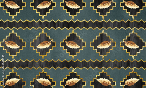 Fototapeta Naklejka Na Ścianę i Meble -  3d wall decor wallpaper. green texture and wood background. golden leaves and waves lines.