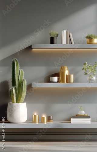 Modern Interior Design Featuring Wooden Shelves With Plants and Decorative It...