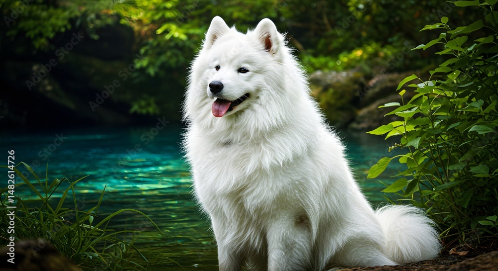 Majestic White Samoyed Dog Sitting by Serene Teal Water in Lush Green Foliage Majestic White Samoyed Dog Sitting by Serene Teal Water in Lush Green Foliage