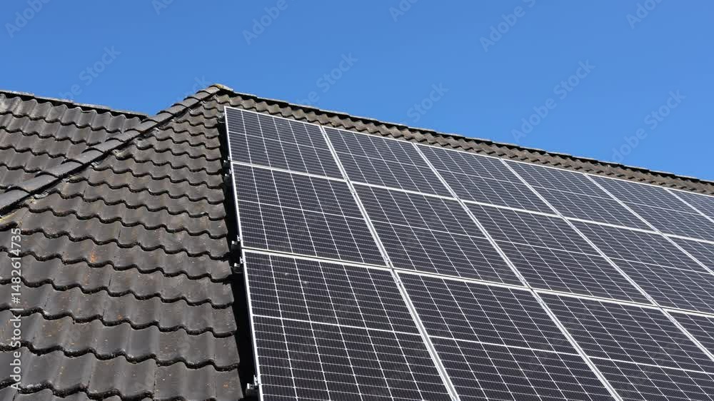 Photovoltaic panels installed on a residential rooftop generate renewable energy, reducing reliance on traditional power sources.