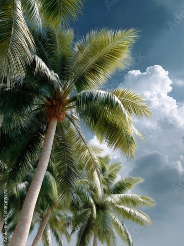 Lush Palm Trees Sway Gently Under a Blue Sky Filled With Fluffy Clouds in a T...