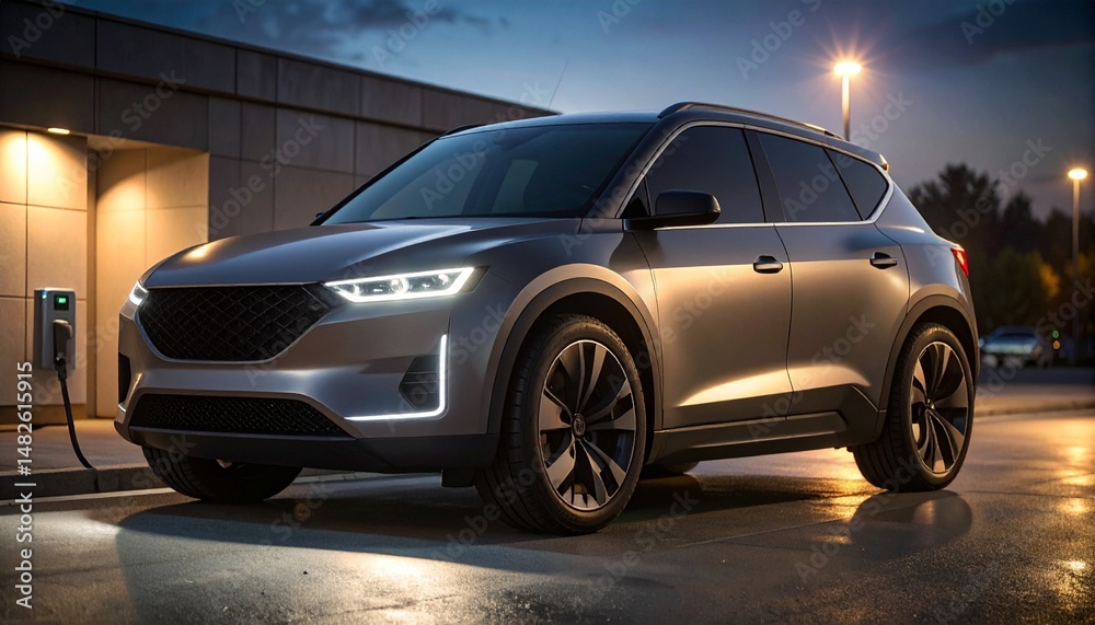 Fototapeta premium Electric SUV parked at charge station in night city