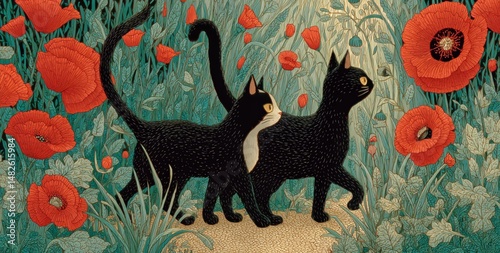 Black Cats Walk Through a Vibrant Field of Red Poppies on a Sunny Day