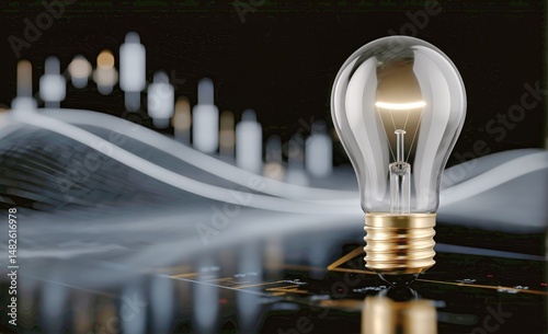 Light Bulb With Glowing Filament on Reflective Surface in Modern Setting Duri...