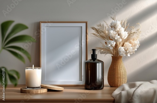 Elegant Home Decor Display Featuring a Candle, a Vase of Dried Flowers, and a...