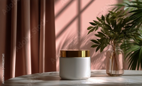 Elegant Display of a Cream Jar and Greenery in Soft Light by a Window on a Ma...